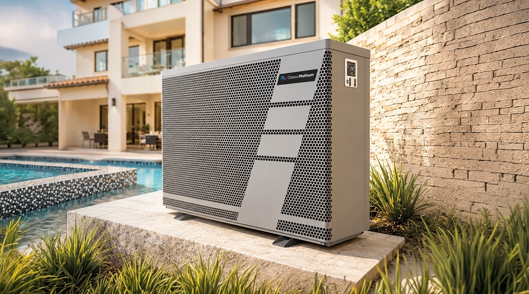 heat-pump-vs-gas-heating-blog-featured Celsius Platinum Heat Pump on Display in Front of Swimming Pool and Luxurious House